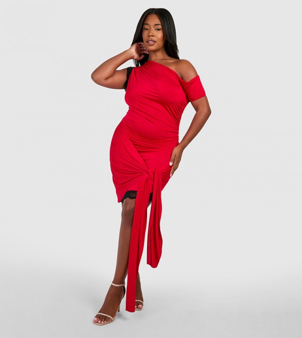 Plus Lace Trim Off Shoulder Mini Dress