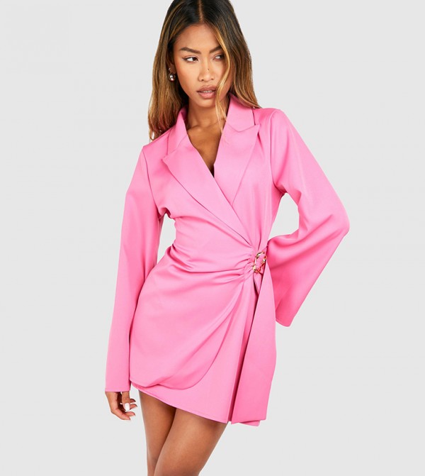 Buckle Detail Tie Waist Tailored Blazer Dress
