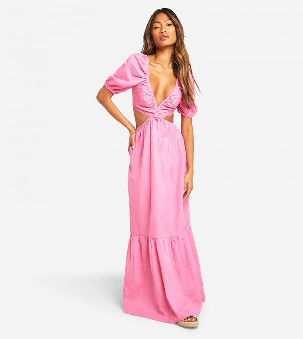 Linen Tie Back Puff Sleeves Maxi Dress