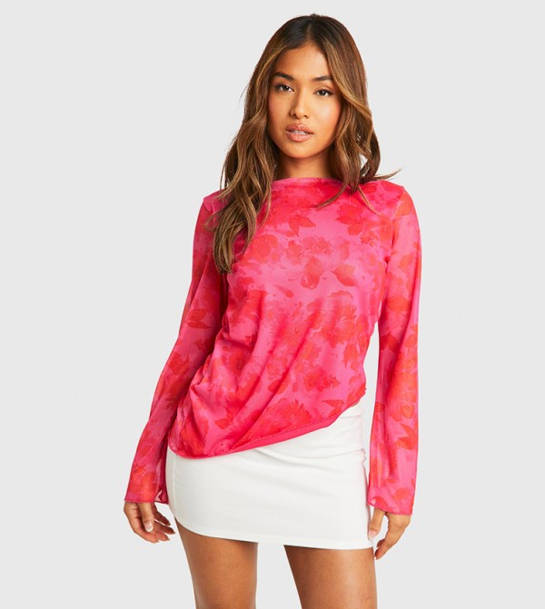Petite Floral Print Mesh Backless Top