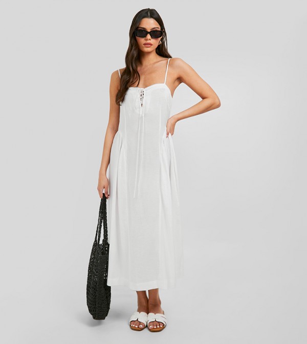 Linen Tie Front Milkmaid Midaxi Dress