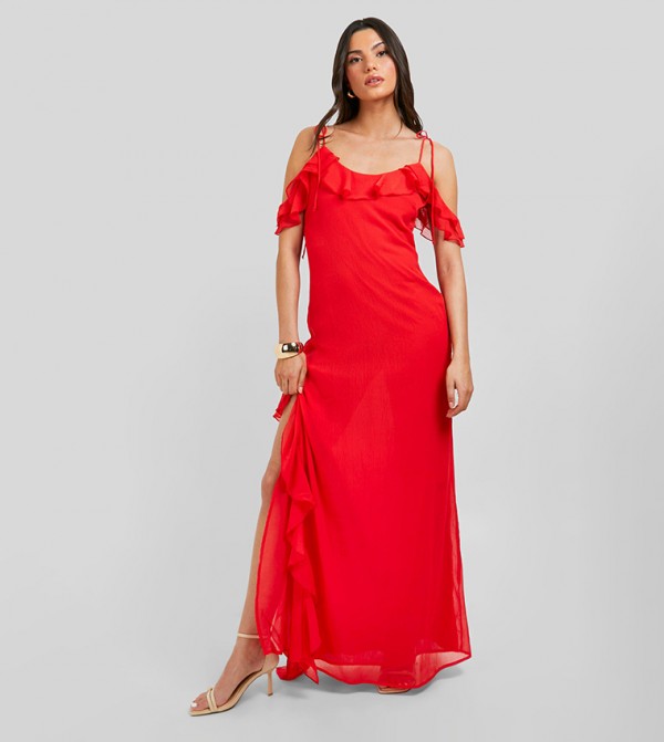 Chiffon Ruffle Split Maxi Dress