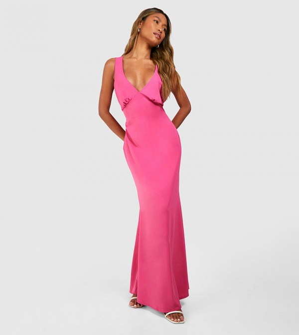 Solid Plunge Neck Maxi Dress