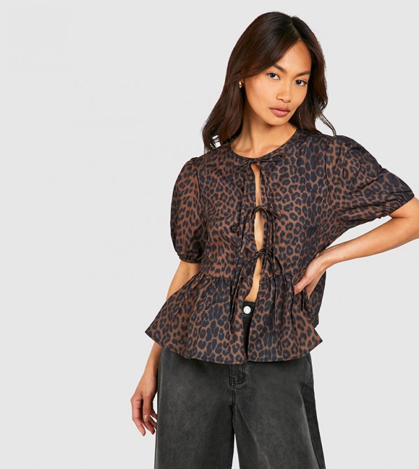 Leopard Printed Puff Sleeves Bow Tie Top