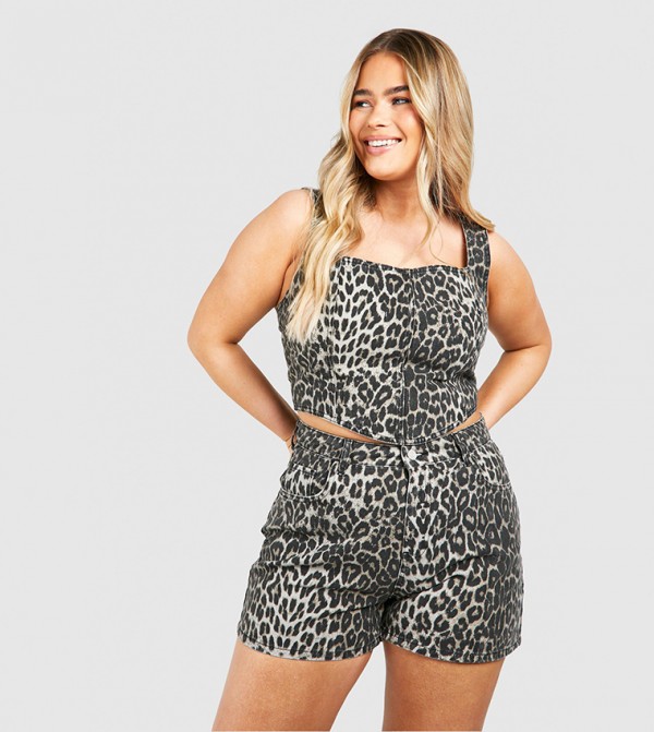 Curve Leopard Printed Denim Corset Top