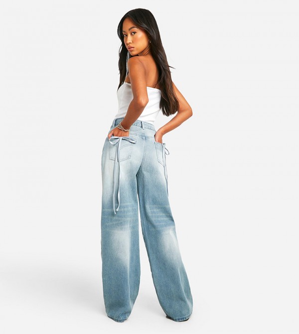 Buy Boohoo Ribbon Pocket Detail Straight Fit Jeans In Blue