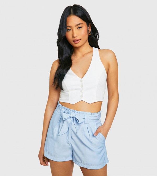 Petite Chambray Paperbag Waist Shorts