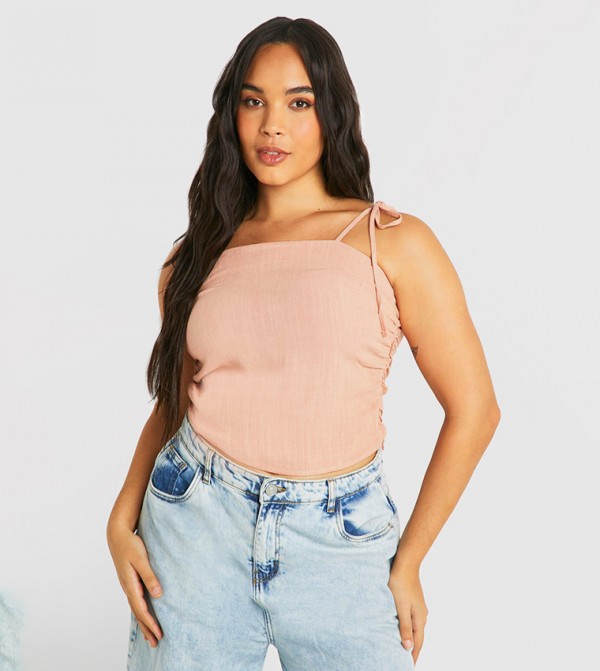 Curve Linen Look Ruched Tie Shoulder Top