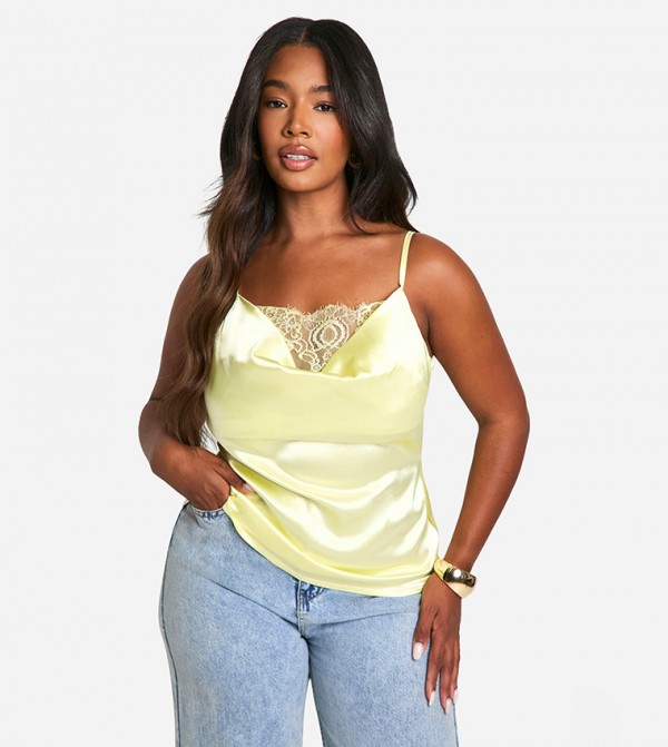 Plus Premium Satin Cowl Lace Trim Cami Top