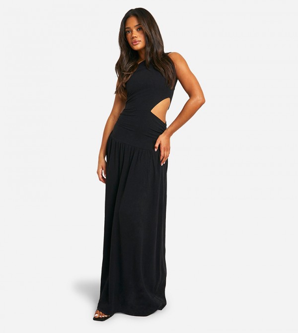 Linen Cold Shoulder Cut-Out Detail Maxi Dress