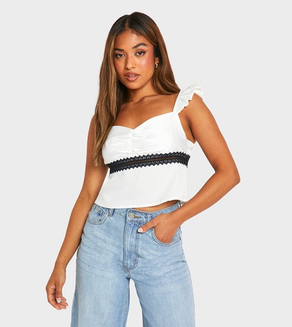 Petite Lace Trim Frill Satin Crop Top