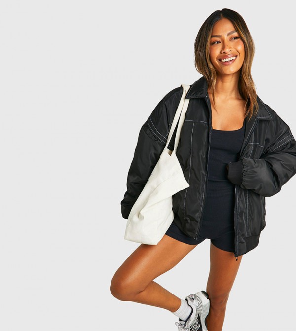Contrast Stitch Detail Oversized Bomber Jacket