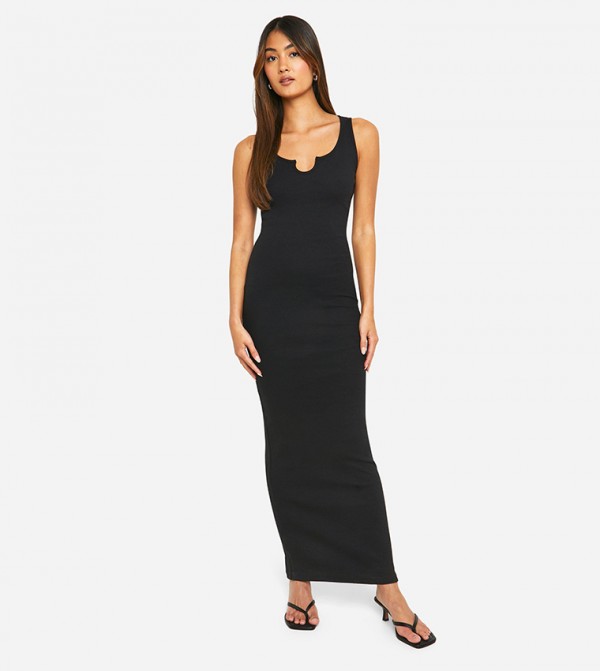 Basic Ribbed Notch Maxi Dress