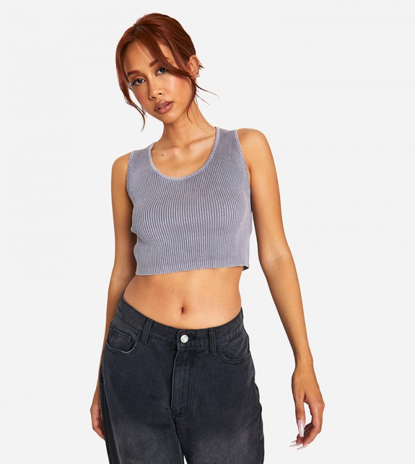 Washed Knitted Scoop Neck Crop Top
