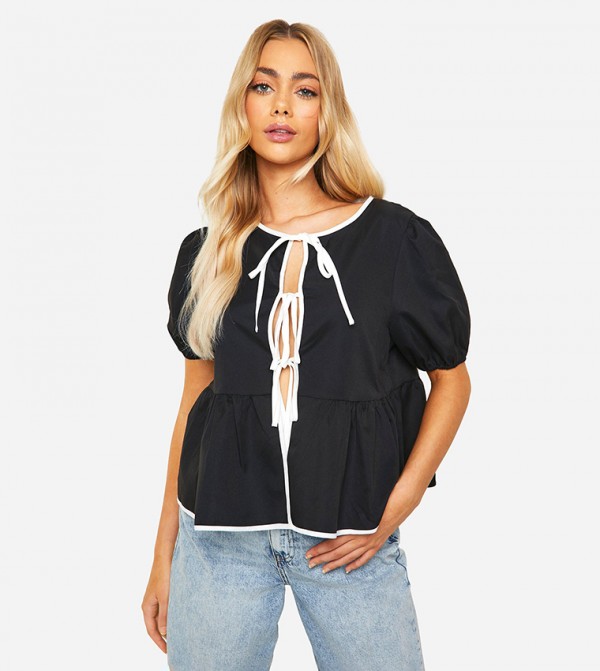 Puff Sleeves Contrast Poplin Bow Top