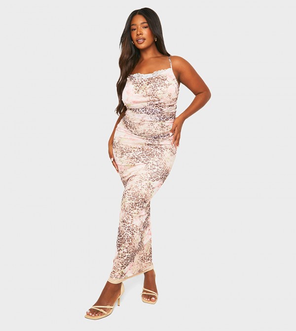 Plus Mesh Leopard Print Lace Detail Maxi Dress