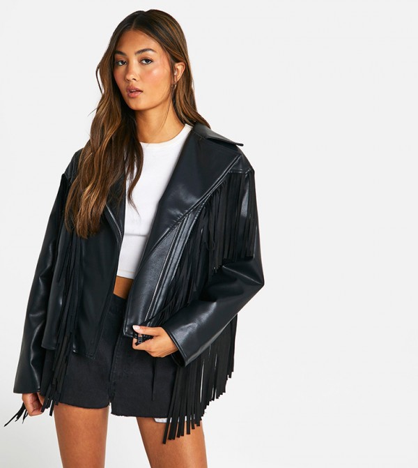 Fringe Detail Faux Leather Biker Jacket