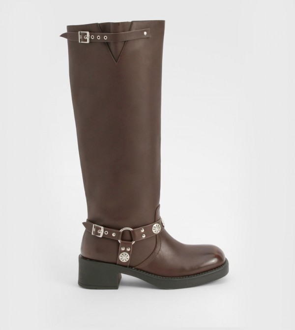 Western Style Buckle Detail Knee High Boots