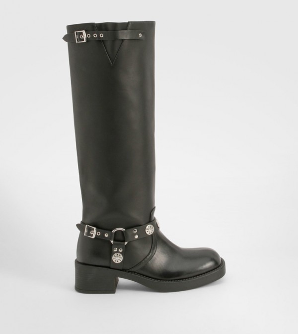 Western Style Buckle Detail Knee High Boots