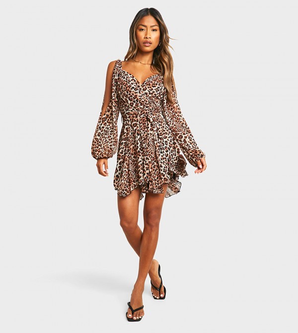 Leopard Print Lace Up Skater Dress