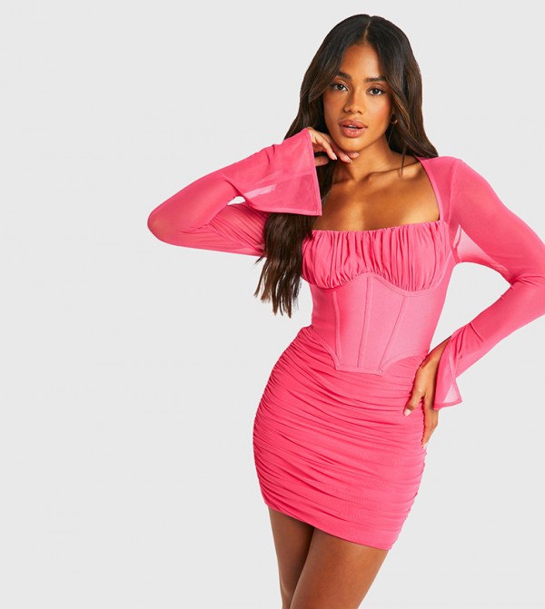 Premium Power Mesh Flared Sleeves Mini Dress