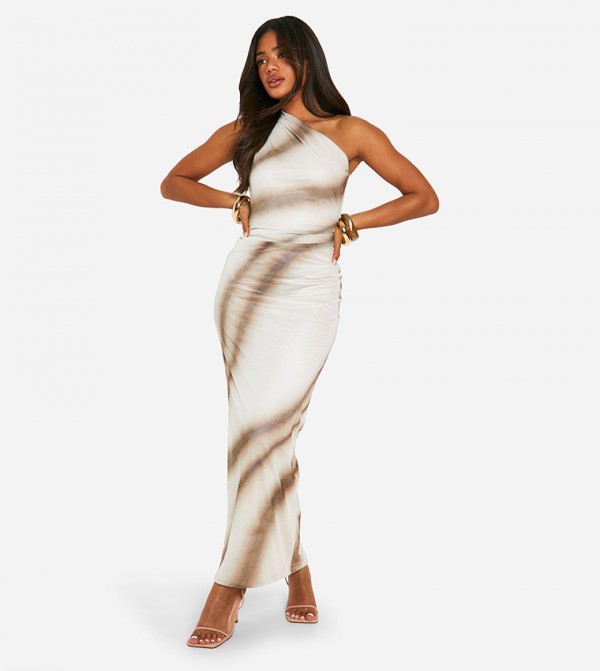 One Shoulder Printed Mesh Maxi Dress
