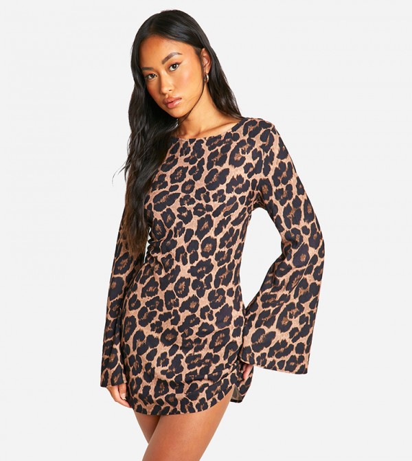 Leopard Low Back Flared Sleeves Mini Dress