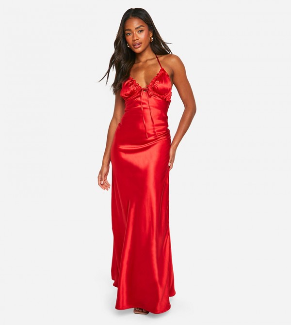 Satin Ruffle Detail Maxi Slip Dress