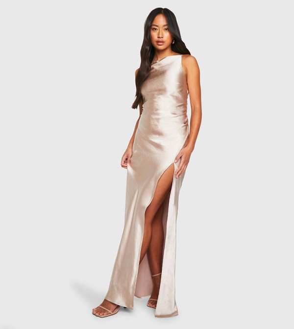 Bridesmaid Satin Slash Neck Maxi Dress
