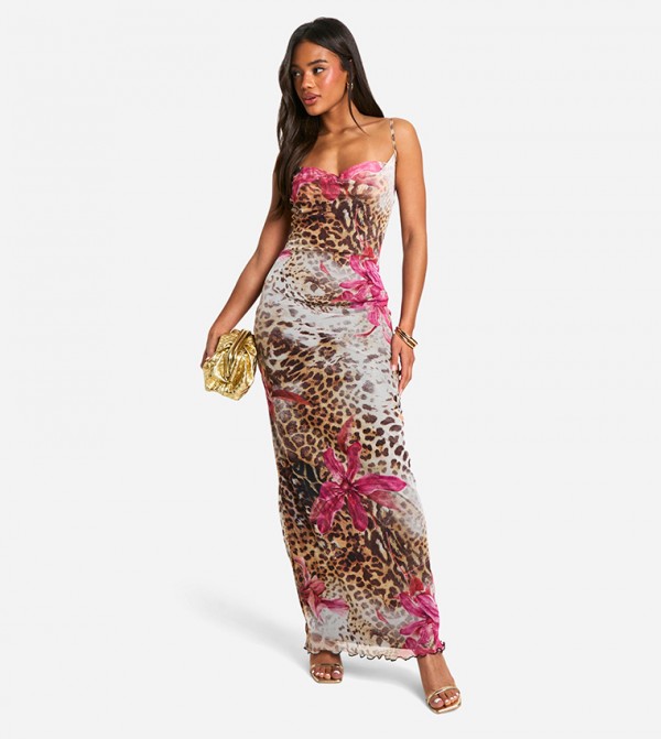 Mesh Leopard Floral Cowl Maxi