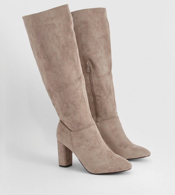 Wide Fit Faux Suede Block Heel Knee High Boots