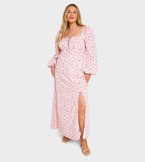 Plus Ditsy Balloon Sleeves Milkmaid Maxi Dress
