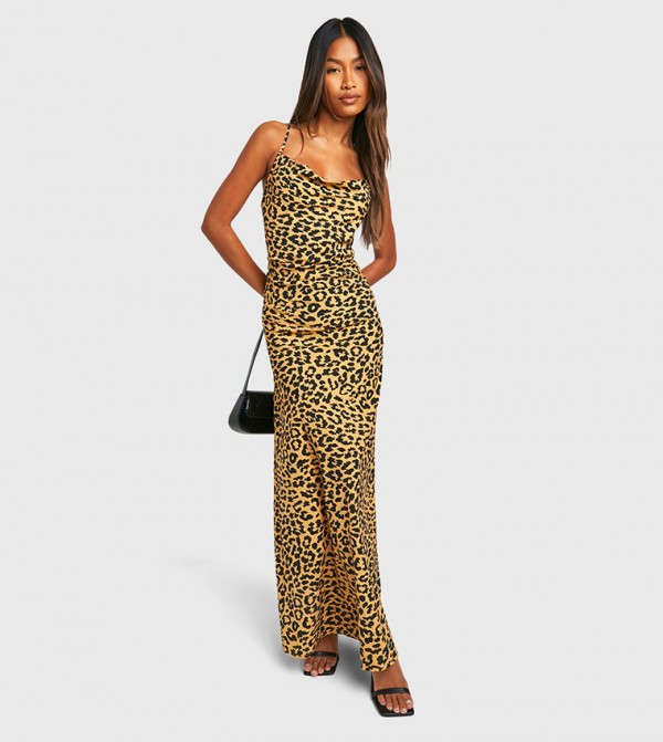Leopard Print Cowl Neck Maxi Dress