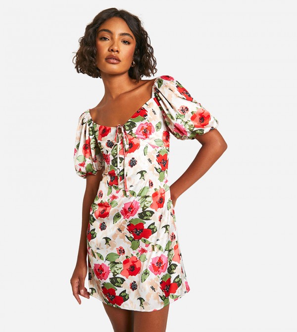 Tall Satin Floral Short Sleeves Mini Dress