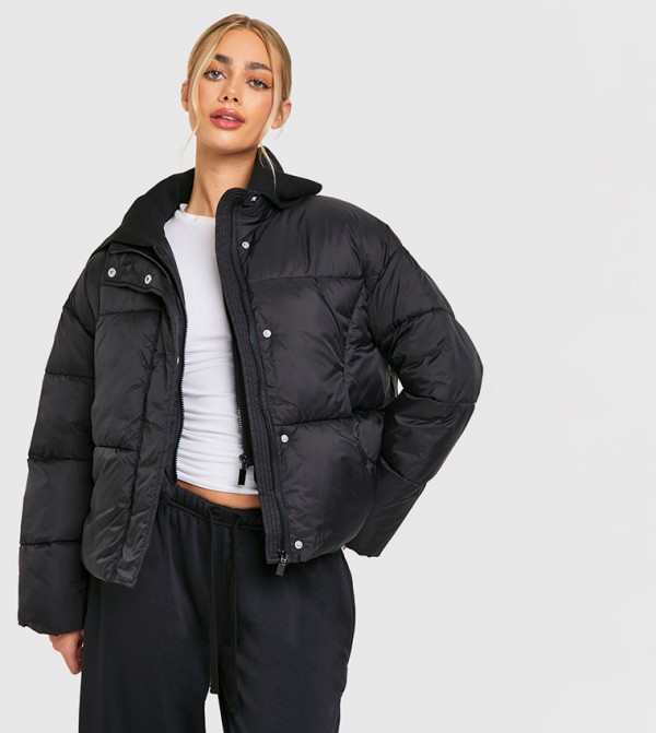 Rib Collar Detail Puffer Jacket