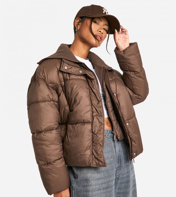 Rib Collar Detail Puffer Jacket