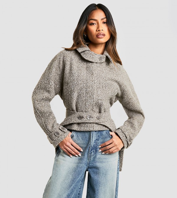 Boucle Wool Look Cropped Trench Coat