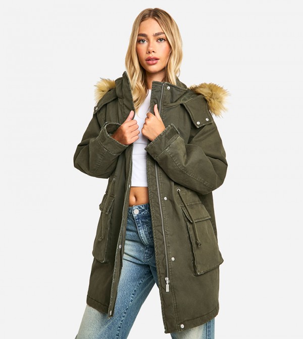 Hooded Pocket Detail Parka Jacket