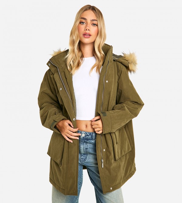 Hooded Pocket Detail Parka Jacket