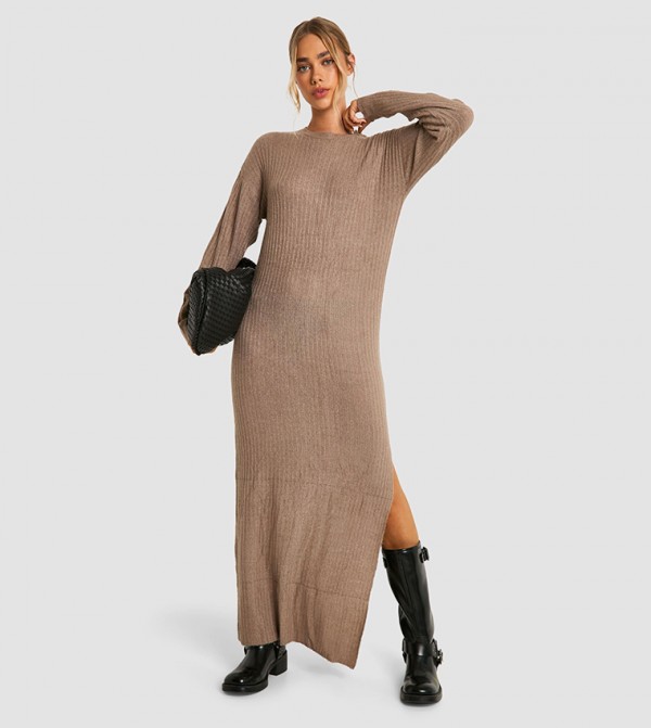 Soft Rib Knit Side Split Maxi Dress