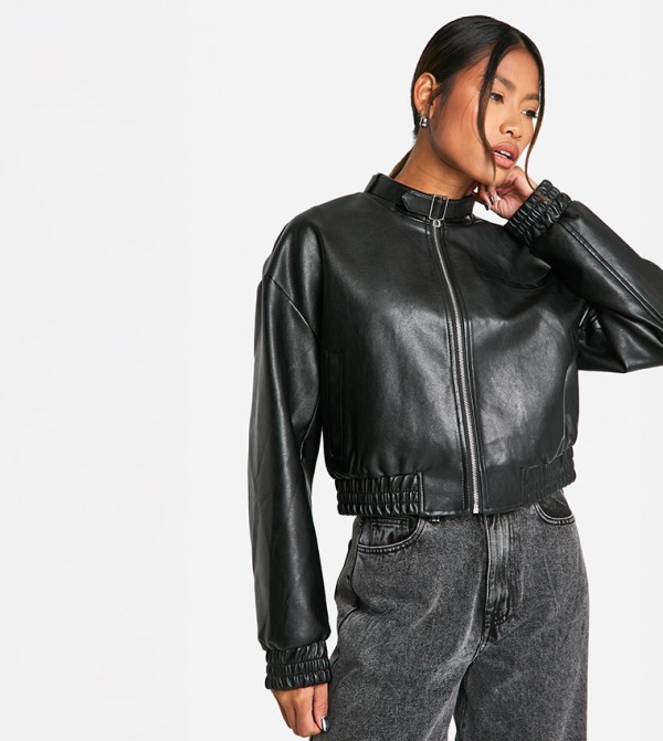 Collar Detail Faux Leather Bomber Jacket