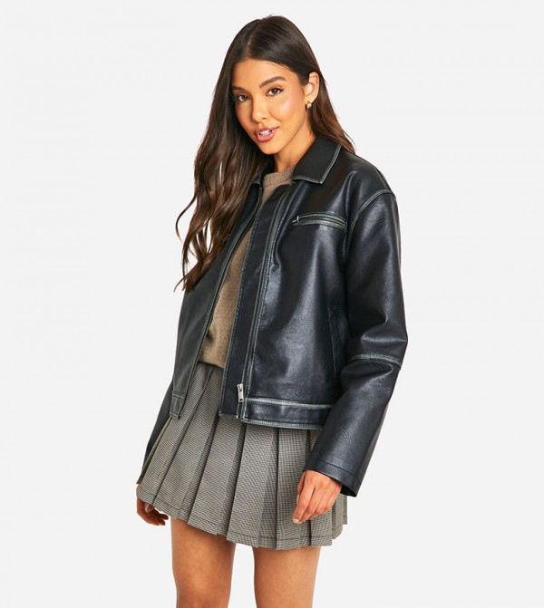 Vintage Look Faux Leather Zip Jacket