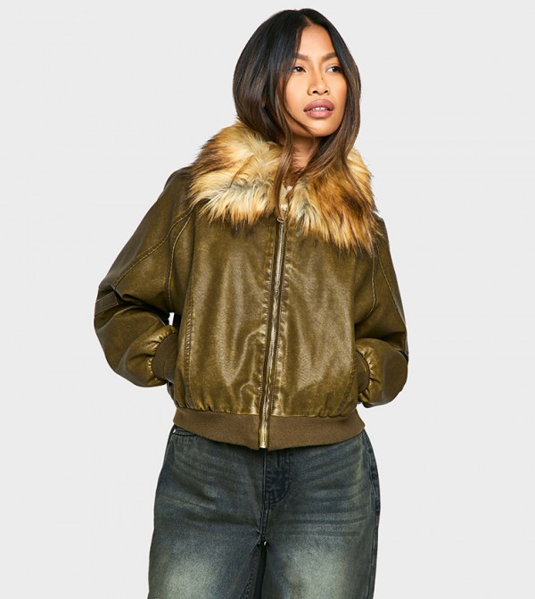 Faux Fur Collar Faux Leather Bomber Jacket