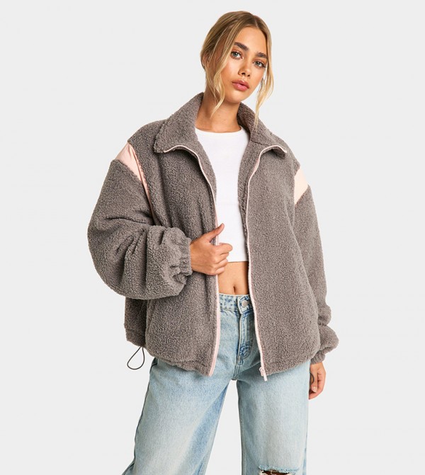 Contrast Panel Teddy Jacket