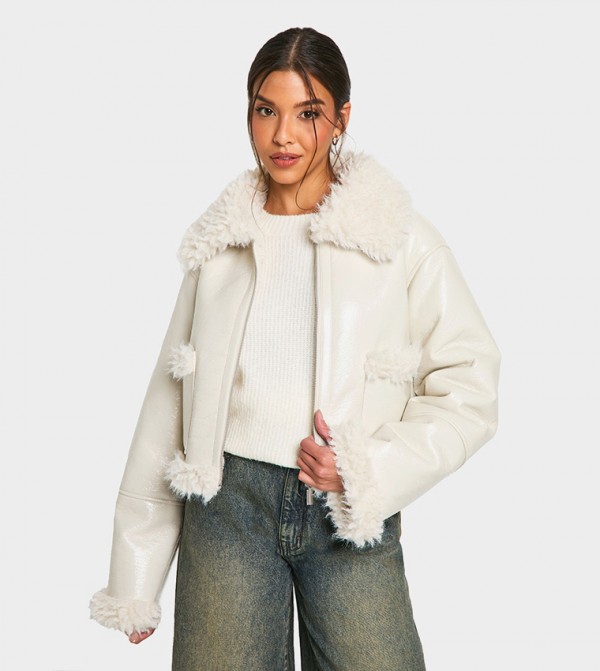 Vinyl Faux Fur Trim Jacket