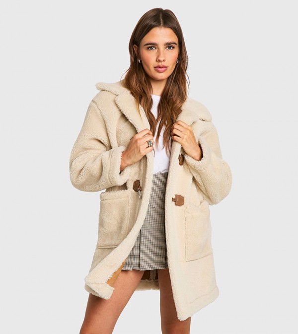 Toggle Detail Bonded Teddy Fur Coat