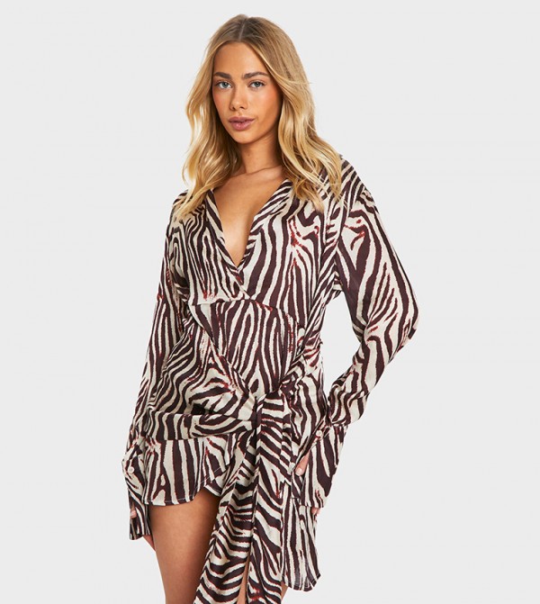 Zebra Print Satin Wrap Skirt Mini Dress