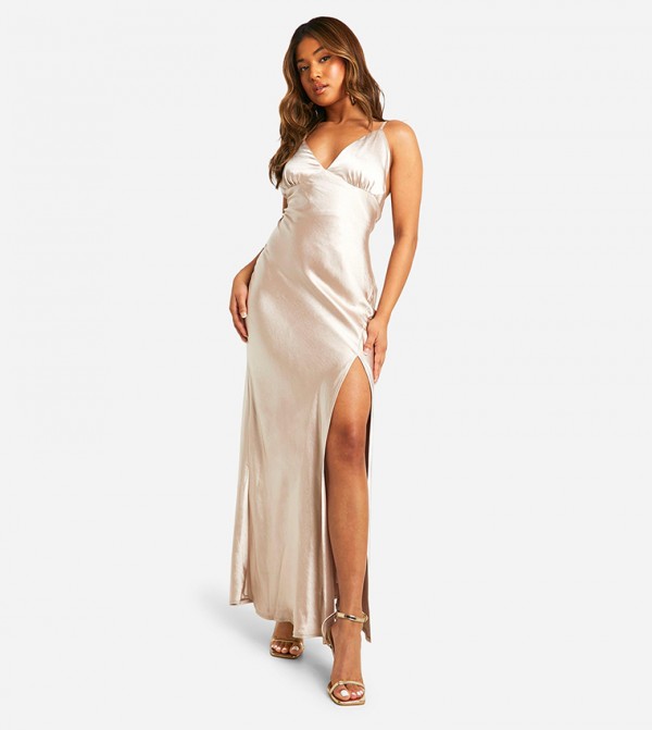 Petite Bridesmaid Satin Strappy Maxi Dress