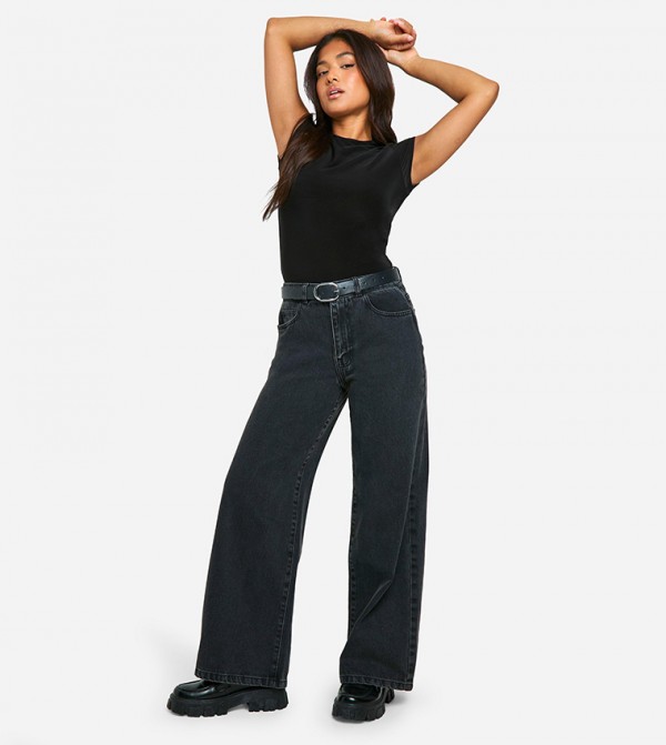Petite Washed High Waist Wide Leg Jeans