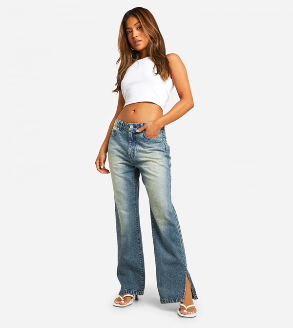 Petite Faded Split Hem Wide Leg Jeans